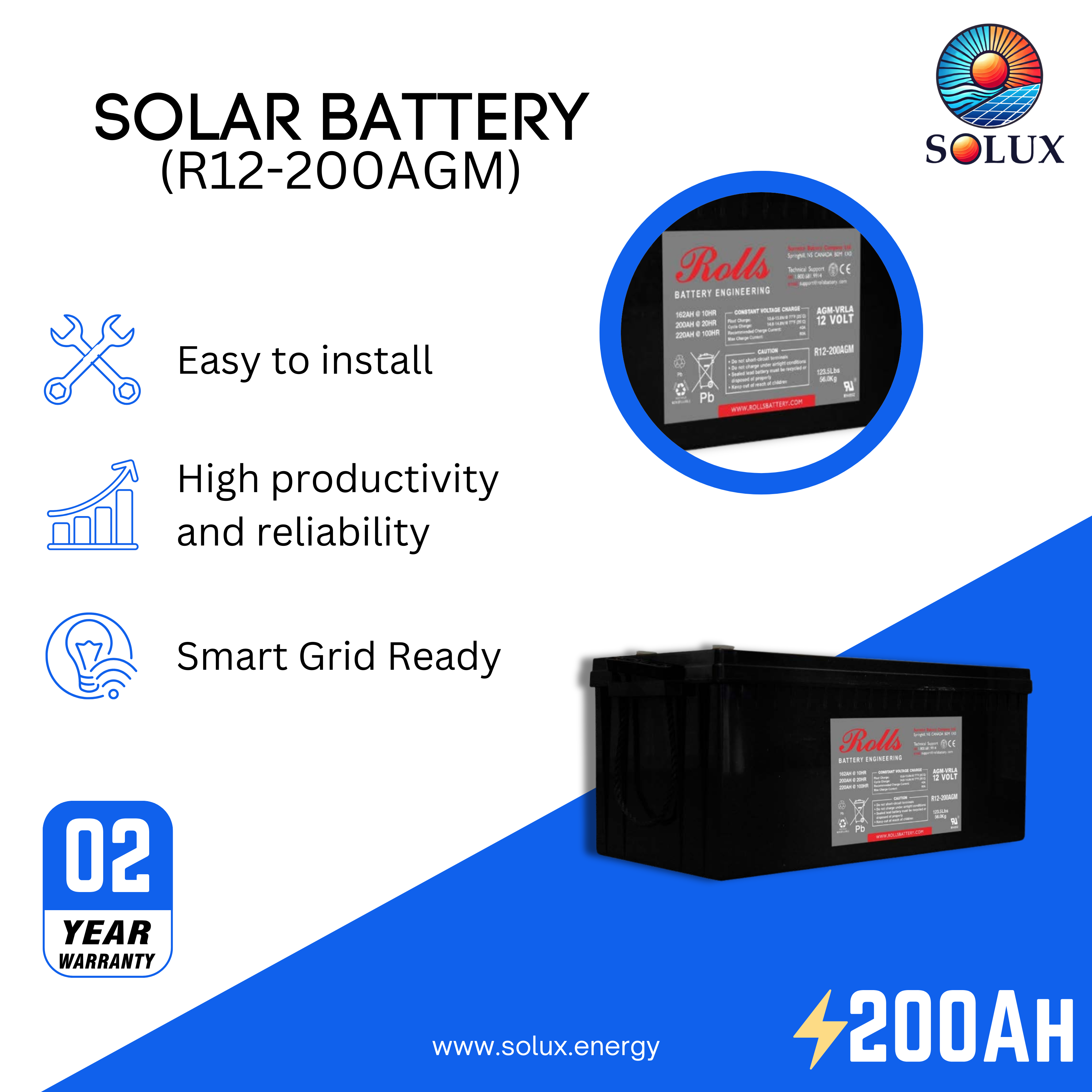 The rolls surrette r12-200agm battery is a reliable and high-performance deep cycle AGM battery, ideal for a variety of applications, including renewable energy systems, RVs, and boats.
